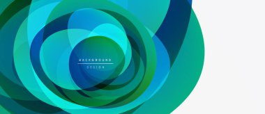 Soyut dairesel katmanlar, canlı maviler, yeşiller. Modern tasarım öğesi, temiz estetik. Arkaplan derinlik ve hareket öneriyor.