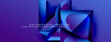 Soyut geometrik şekiller örtüşerek dinamik mavi mor gradyan oluşturur. Metin arka plan tasarımı okur. Modern görsel sunum.