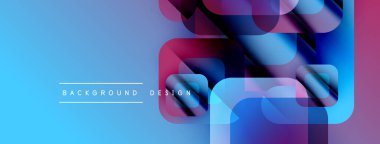 Soyut geometrik şekiller örtüşür, parlak mavi ve pembe renkler yaratır. Modern tasarım elementleri dijital sanat ve akışkan hareketi öneriyor.