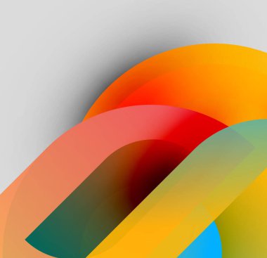 Soyut renkli şekiller örtüşür, dinamik görsel efekt yaratır. Gradyanlar, modern estetik sunan renkleri harmanlarlar. Yumuşak eğriler kompozisyona hakim.