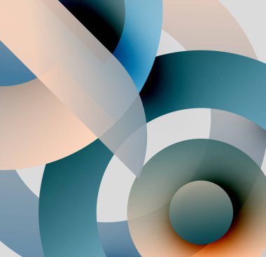 Soyut kompozisyon. Üst üste binen daireler katmanlı görsel efekt yaratır. Yumuşak renk paleti, sessiz tonlar tasarıma hakim. Minimalist estetik.