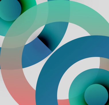 Soyut kompozisyon. Üst üste binen daireler dinamik görsel efekt yaratır. Renkler karışıyor, yumuşak eğimler oluşturuyor. Modern tasarım.