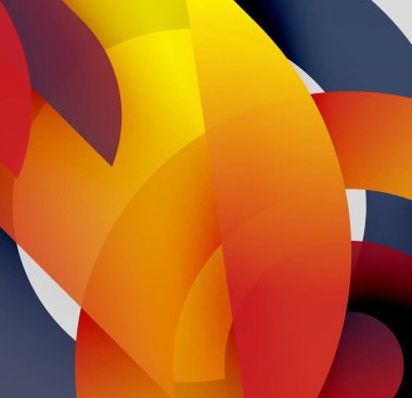 Soyut kompozisyon. Üst üste binen şekiller, canlı renkler, dinamik eğimler modern görsel deneyimler yaratır. Yumuşak kıvrımlar hakim.