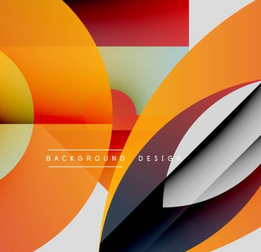 Soyut geometrik bileşim. Üst üste binen şekiller dinamik görsel efekt yaratır. Sıcak renkler baskın, havalı aksanlarla. Modern tasarım elemanları.