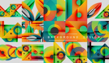 Geometrik desenler, canlı renkler, modern tasarım elementleri. Soyut şekiller dinamik görsel doku yaratır. Çeşitli projeler için uygun arkaplan.