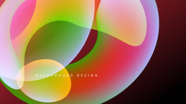 Soyut renkli şekiller örtüşüyor, canlı gradyanlar yaratıyor. Siyah arkaplan yarı saydam formları, modern tasarım ögesini vurgular.