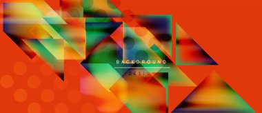 Soyut geometrik şekiller canlı renklerle örtüşür. Turuncu arka planda baskın, dinamik görsel efekt yaratır. Metin arkaplan tasarımı okur.