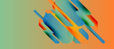 Soyut geometrik şekiller örtüşür, canlı gradyanlar yaratır. Turuncu, deniz mavisi, mavi renkler kompozisyona hakim. Minimalist tasarım, modern estetik.