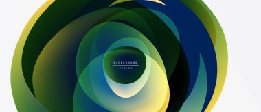 Soyut katmanlı şekiller dinamik dairesel tasarım yaratır. Renkler karışır, değişim etkisi yaratır. Orta metin arkaplan tasarımı okur.