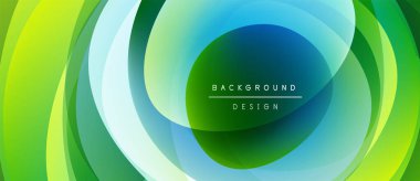 Soyut tasarım katmanlı daireler, canlı yeşil, mavi renkler içerir. Modern estetik, pürüzsüz gradyanlar dinamik görsel etki yaratır.