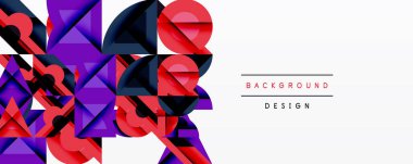 Soyut geometrik şekiller örtüşür, dinamik bileşim yaratır. Kırmızı, mor renkler beyaz alana hükmediyor. Modern tasarım ögesi.