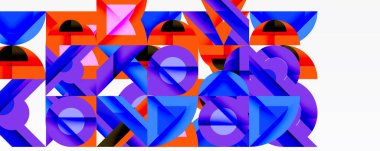 Soyut geometrik şekiller örtüşür, canlı renkli kompozisyon oluşturur. Kalın çizgiler, kıvrımlar modern tasarım estetiğini tanımlar.