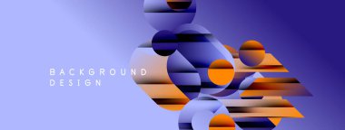 Soyut kompozisyon. Daireler, dikdörtgenler, dinamik görsel efekt oluşturur. Mor, turuncu renkler tasarımda baskın. Modern estetik.