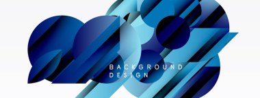 Soyut geometrik şekiller, mavi tonlar tasarımda baskın. Üst üste binen daireler, dikdörtgenler dinamik bileşim oluşturur. Modern arkaplan dokusu.