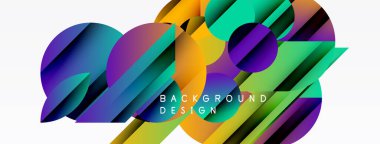 Soyut tasarım canlı geometrik şekiller, gradyanlar, üst üste binen katmanlar içerir. Dinamik renk şemasına sahip modern arkaplan.