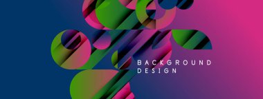 Soyut renkli tasarım. Arkaplanda üst üste binen daireler, çizgiler, şekiller var. Modern estetik, canlı renkler dinamik görsellik yaratır.