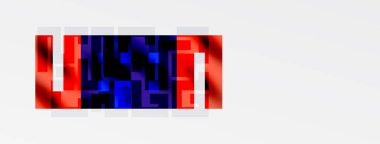 Soyut dijital sanat. Kırmızı, mavi, siyah bloklar çarpıtılmış metni oluşturur. Minimalist tasarım, modern estetik, canlı renkler.