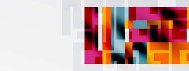 Soyut geometrik bileşim. Dikdörtgenler üst üste binerek canlı renk blokları oluşturuyor. Beyaz alan sol tarafa hükmediyor. Modern tasarım.