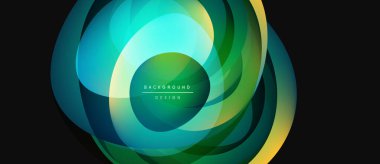 Soyut dairesel tasarım. Canlı yeşil, mavi, sarı katmanlar dinamik görsel efekt yaratır. Modern arkaplan ögesi.