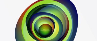 Soyut eşmerkezli çemberler. Canlı yeşil, mavi, kahverengi renkler dinamik görsel efekt yaratır. Arka planlar için modern tasarım ögesi.