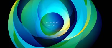 Soyut tasarım kıvrımlı mavi, yeşil katmanlar içerir. Merkezi metin arka plan tasarımı okur. Canlı renkler dinamik görsel efekt yaratır.