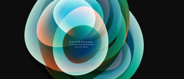 Soyut tasarım özellikleri üst üste binen şeffaf daireler. Renkler harmanlanmış, turuncu, mavi, yeşil dinamik görsel etki yaratıyor. Metin arkaplan tasarımı okur.