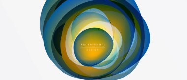 Soyut dairesel tasarım. Katmanlar örtüşüyor, canlı renk değişimleri yaratıyor. Sarı merkez dışa doğru yayılıyor, mavi ise dış bölgelere. Modern estetik.