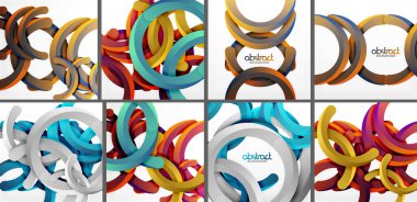 Birbirine bağlı daireler, döngüler, şekiller içeren renkli soyut tasarımlar. Modern estetik, canlı renkler, geometrik desenler.