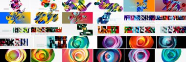 Soyut renkli tasarımlar, geometrik şekiller, canlı desenler. Birçok dairesel öğe mevcut, gradyanlar görsellere hakim. Modern estetik.