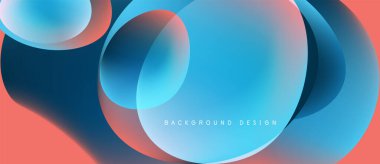 Soyut bileşim üst üste binen daireler, canlı mavi, mercan renkleri içerir. Modern tasarım akıcılık, derinlik, dinamik görsel deneyim öneriyor.