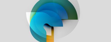 Soyut şekiller üst üste binerek katmanlı görsel efekt yaratır. Mavi, yeşil, altın renkleri nötr arkaplana hakim. Minimalist tasarım.