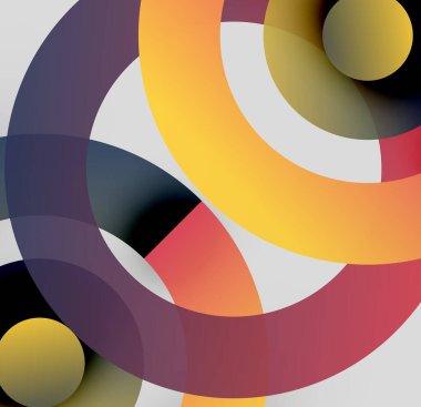 Soyut kompozisyon. Üst üste binen daireler, canlı renkler, modern tasarım. Minimalist estetik, dinamik şekiller, görsel uyum..