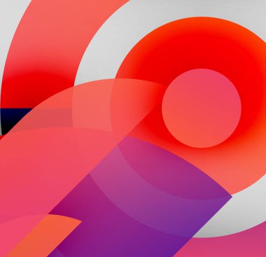 Soyut kompozisyon. Üst üste binen daireler dinamik görsel efekt yaratır. Sıcak renkler baskın, mor aksanlı. Minimalist tasarım.