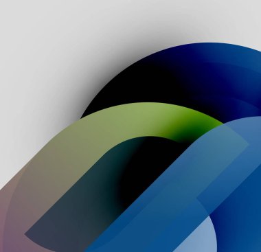 Soyut şekiller örtüşür, farklı renk karışımları yaratır. Mavi, yeşil, gri tonlar kompozisyona hakim. Minimalist tasarım, pürüzsüz geçişler mevcut.