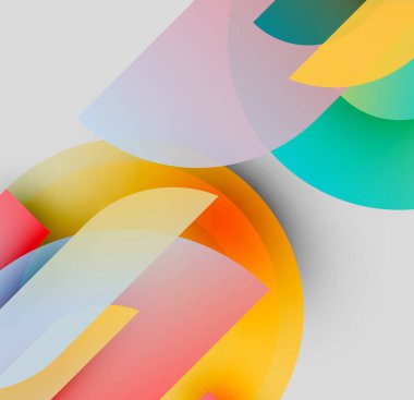 Soyut renkli şekiller örtüşür, dinamik görsel kompozisyon yaratır. Yumuşak gradyanlar modern estetik sunan renkleri harmanlarlar.