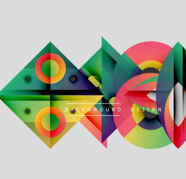 Soyut geometrik şekiller çakışıyor. Canlı renkler dinamik bileşim yaratır. Modern tasarım elementleri yenilik ve enerji öneriyor.