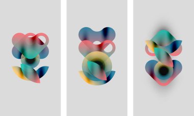 Soyut renkli şekiller çakışıyor ve sıvı formlar yaratıyor. Üç panelde benzer renkler var, renkleri biraz farklı. Minimalist tasarım, yumuşak eğimler.