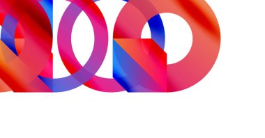 Soyut renkli çakışan daireler dinamik bileşim oluşturur. Parlak kırmızılar, maviler beyaz arka planla harmanlanmış. Modern tasarım ögesi.