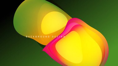 Soyut tasarım canlı örtüşen şekiller içerir. Sarı, yeşil, pembe renkler koyu arkaplana karşı dinamik görsel etki yaratır. Modern estetik.