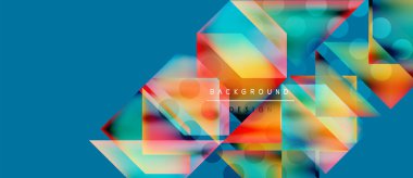 Soyut geometrik şekiller örtüşür, canlı renkli tasarım yaratır. Mavi arkaplan görsel etkiyi artırır, modern estetik.