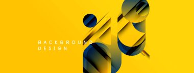 Soyut sarı arkaplan katmanlı geometrik şekiller içeriyor. Koyu mavi, deniz mavisi, altın rengi dinamik görsel efekt yaratır. Metin arkaplan tasarımı okur.