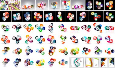 Renkli soyut simgeler, şekiller, elementler. Daireleri, grafikleri, harfleri olan çeşitli tasarımlar. Markalaşma projeleri için modern grafik koleksiyonu.