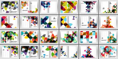 Renkli broşürler sunuldu. Geometrik şekiller, canlı renkler, görünür metin elementleri. Raporlar ve sunumlar için şablonlar tasarla.