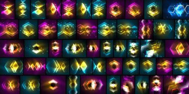 Parlak neon ikonlar, geometrik şekiller, canlı renkler. Desenler tekrarlanıyor, dijital görsel elementler oluşturuluyor.