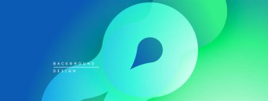 Soyut sıvı şekilleri mavi ve yeşil renkleri harmanlıyor. Modern tasarım, hareketliliği, enerjiyi, sakin atmosferi çağrıştırıyor. Gradyan renkler derinlik yaratır.