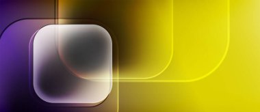 Soyut kompozisyon. Geometrik şekiller çakışıyor, parlak gradyanlar yaratıyor. Mor, sarı renkler tasarımda baskın. Minimalist estetik.