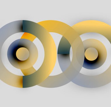 Üst üste binen daireler içeren soyut kompozisyon. Gradyanlar, sarı, gri ve lacivert renkler kullanarak derinlik yaratırlar. Minimalist tasarım, modern estetik.