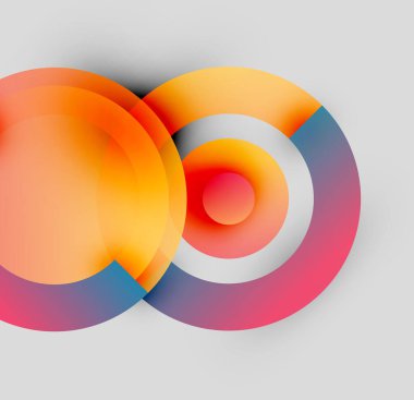 Soyut renkli daireler çakışıyor, dinamik görsel efekt yaratıyor. Gradyanlar turuncu, mavi ve kırmızı renkleri harmanlarlar. Modern tasarım ögesi.