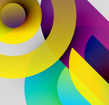 Üst üste binen renkli daireler, gradyanlar ve eğriler içeren soyut bir kompozisyon. Modern tasarım, canlı renkler dinamik görsel efekt yaratır.