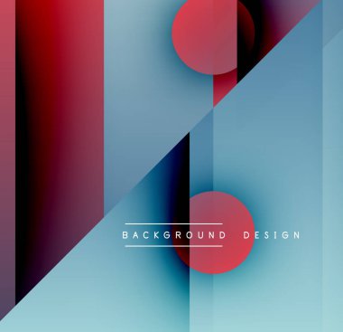 Soyut geometrik bileşim. Kırmızı, mavi gradyanlar baskın. Üst üste binen şekiller dinamik görsel efekt yaratır. Minimalist tasarım unsurları.